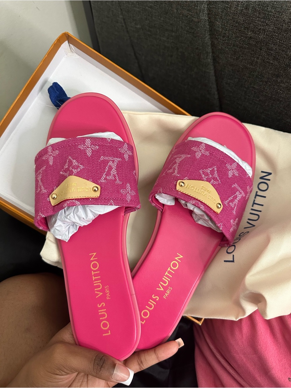 Louis Vuitton Hot Pink Monogram Slide Sandals with Gold Plaque